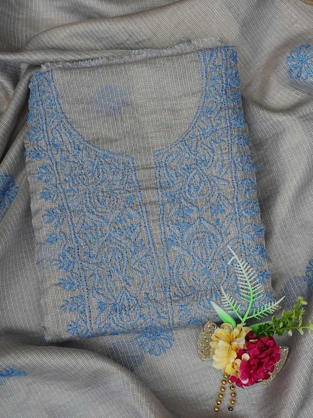 Ada Hand Embroidered Grey Kota Lucknowi Chikankari Unstitched Kurta Dupatta Set 01A802337