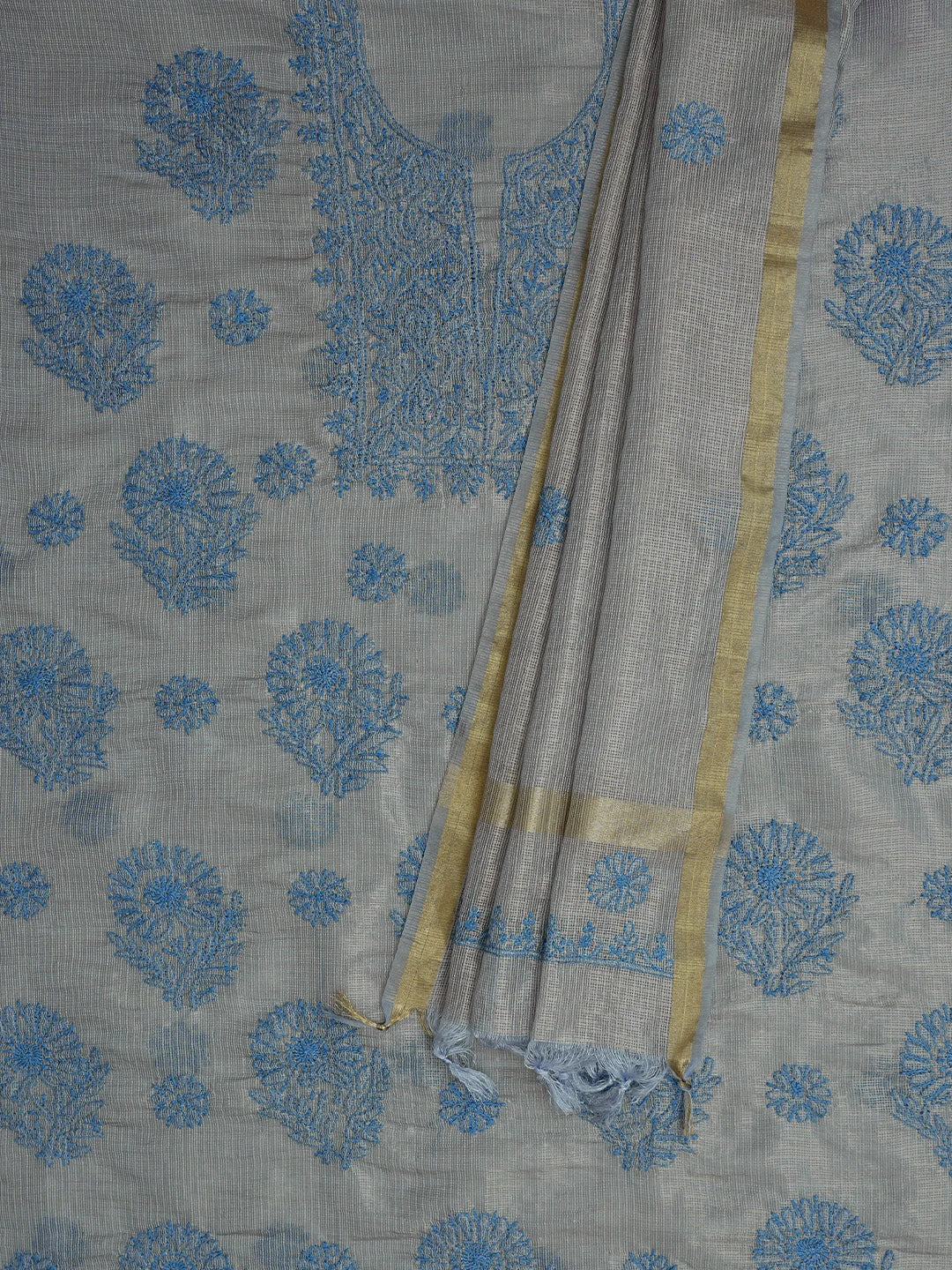 Ada Hand Embroidered Grey Kota Lucknowi Chikankari Unstitched Kurta Dupatta Set 01A802337