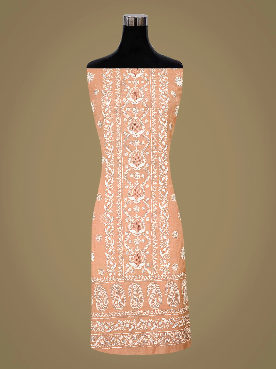 Ada Hand Embroidered Creamy Peach Chanderi Lucknowi Chikankari Unstitched Kurta Dupatta Set 01A818435