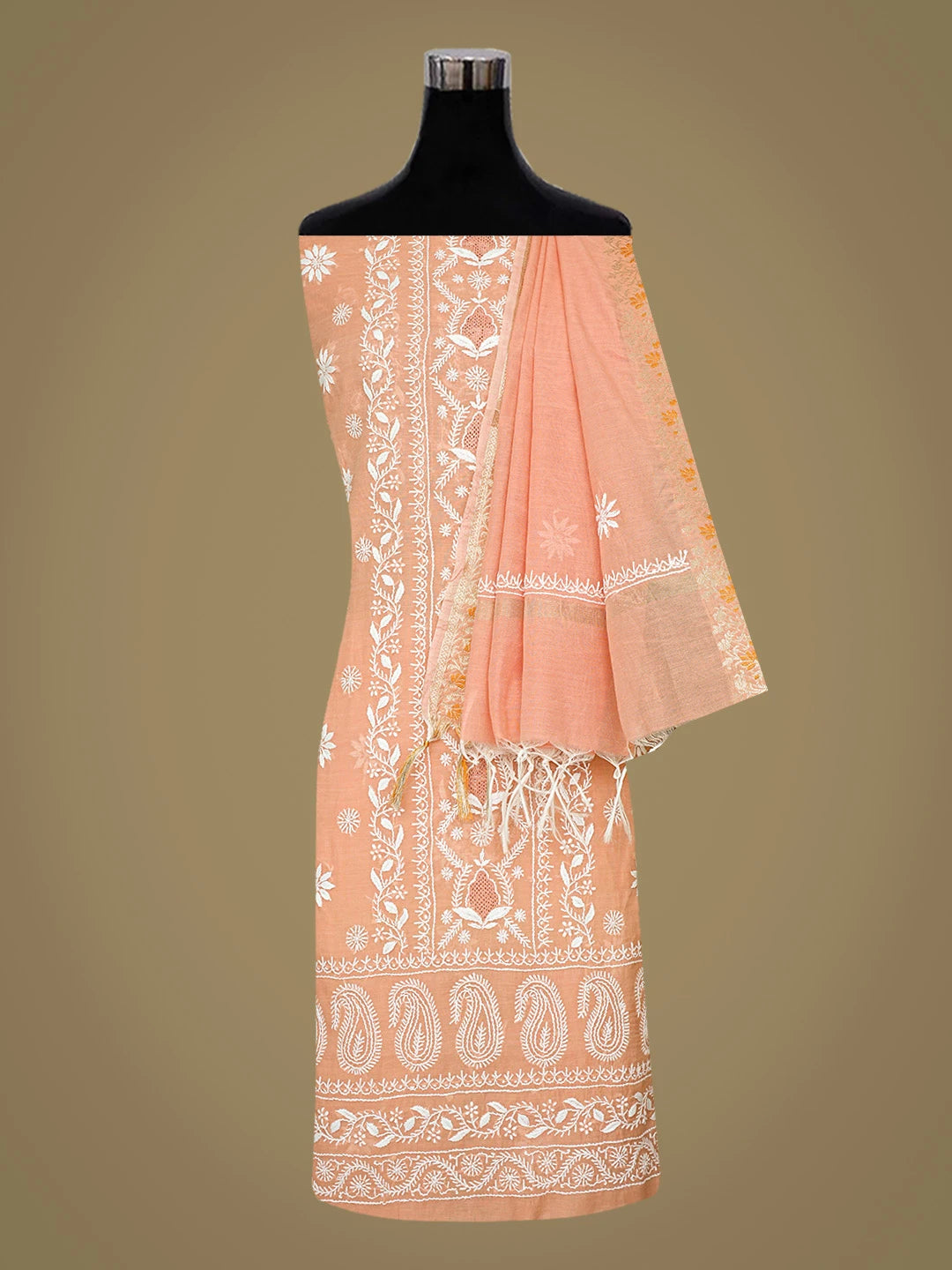 Ada Hand Embroidered Creamy Peach Chanderi Lucknowi Chikankari Unstitched Kurta Dupatta Set 01A818435