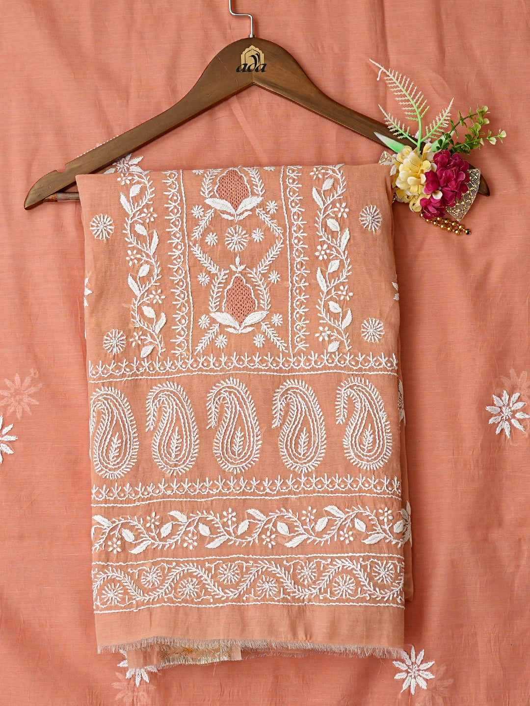 Ada Hand Embroidered Creamy Peach Chanderi Lucknowi Chikankari Unstitched Kurta Dupatta Set 01A818435