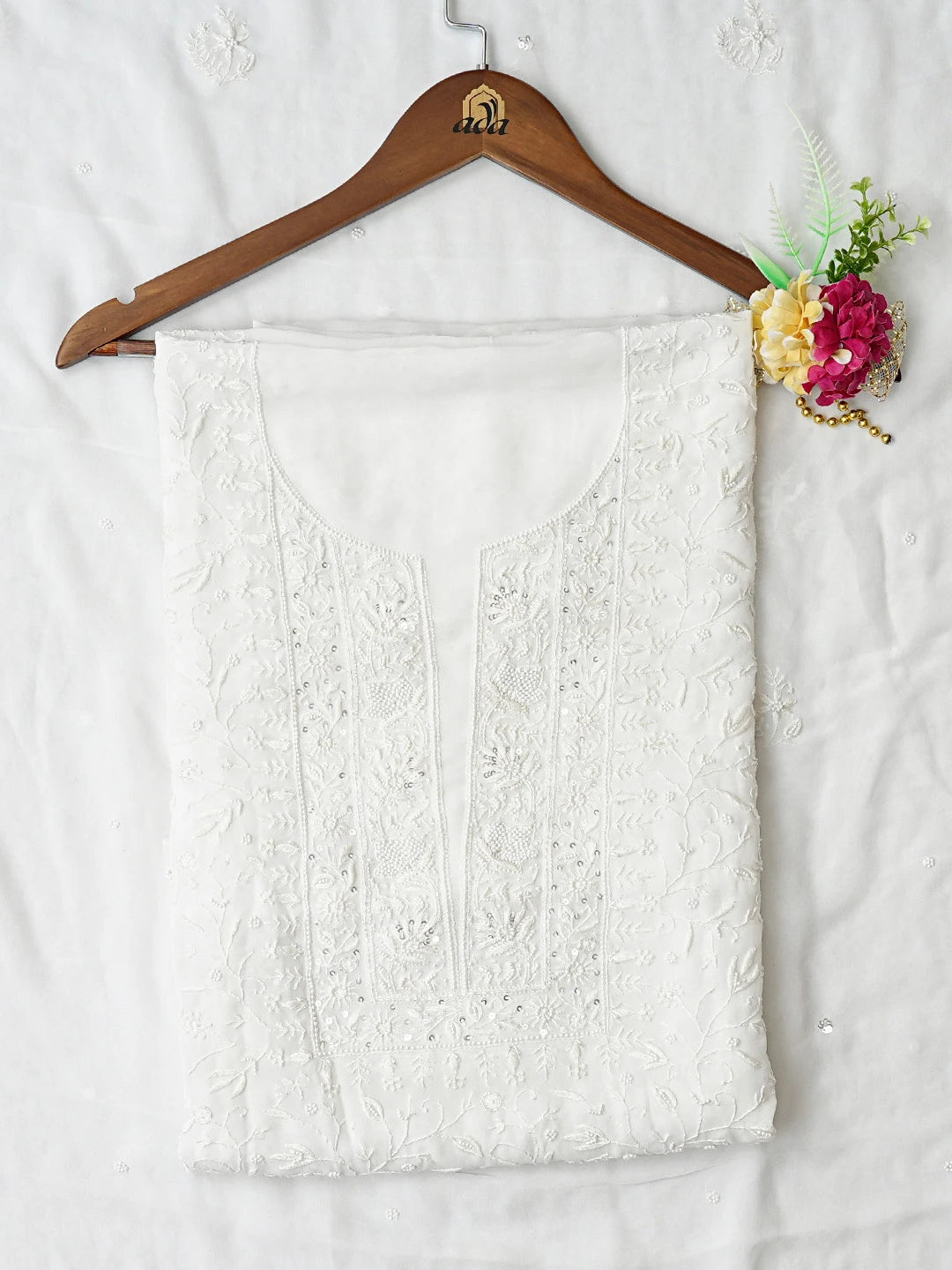 Ada Hand Embroidered White Viscose Georgette Lucknowi Chikankari Unstitched Kurta Dupatta Set With Cutdana Work 08A500809