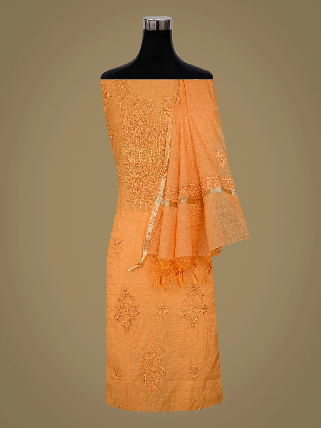 Ada Hand Embroidered Orange Lucknowi Chikankari Unstitched Kurta Dupatta Set 01A789491