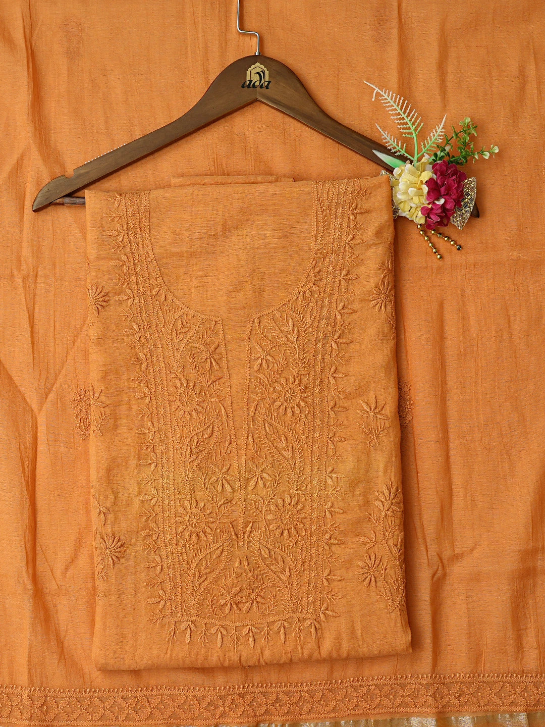 Ada Hand Embroidered Orange Lucknowi Chikankari Unstitched Kurta Dupatta Set 01A789491