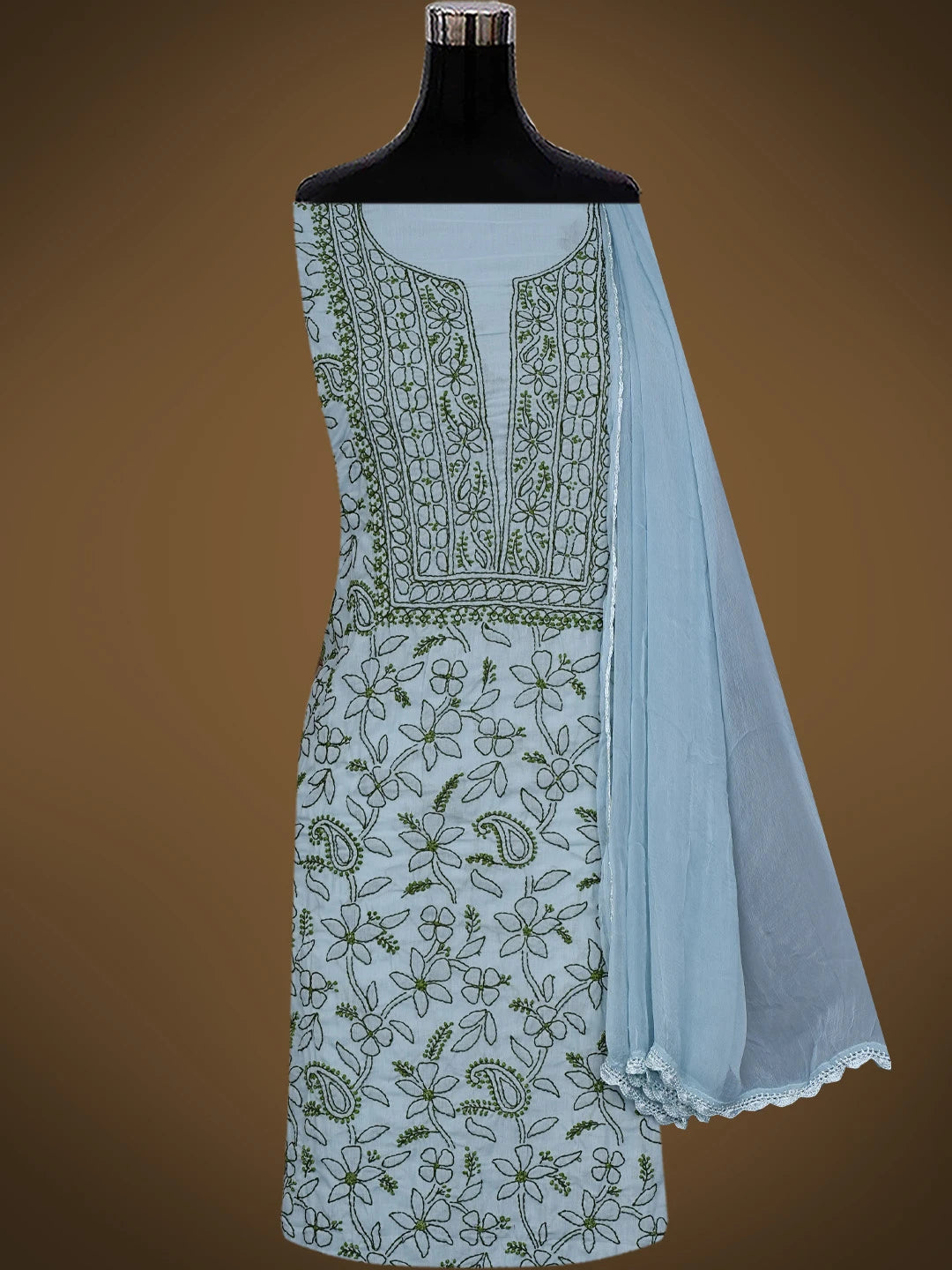 Ada Hand Embroidered Greyish Blue Cotton Lucknowi Chikankari Unstitched Suit Piece 01A829733