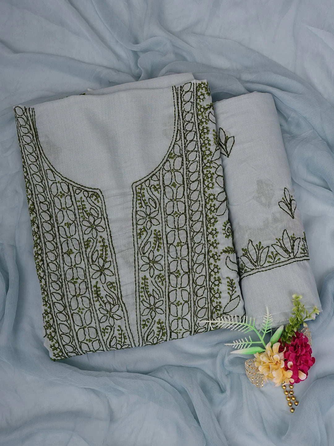 Ada Hand Embroidered Greyish Blue Cotton Lucknowi Chikankari Unstitched Suit Piece 01A829733