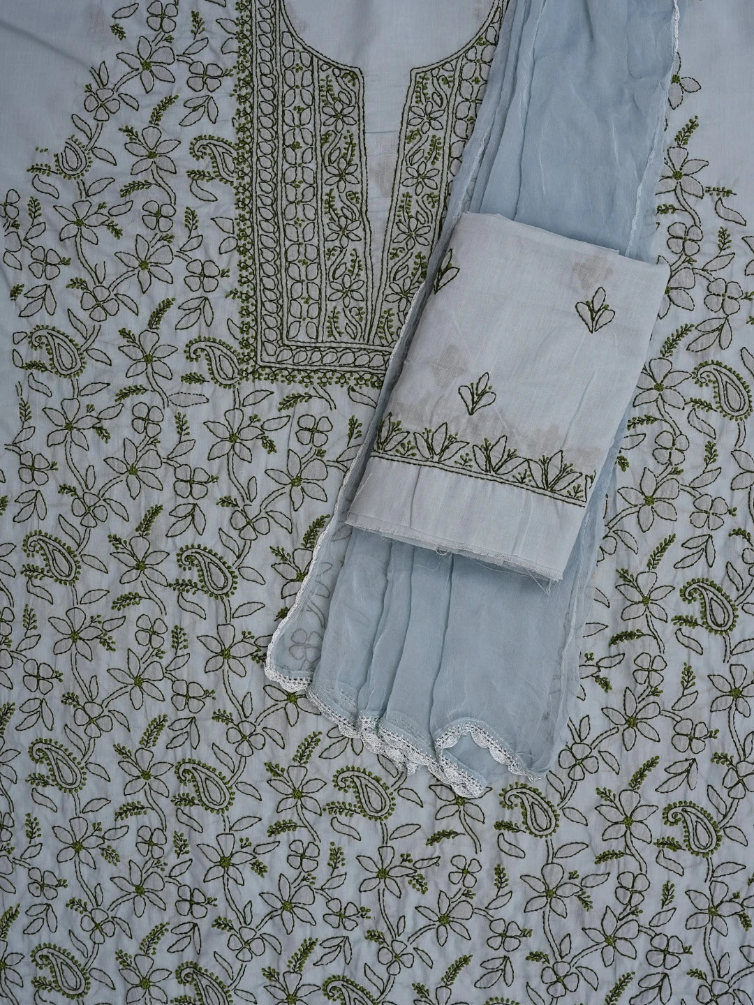 Ada Hand Embroidered Greyish Blue Cotton Lucknowi Chikankari Unstitched Suit Piece 01A829733