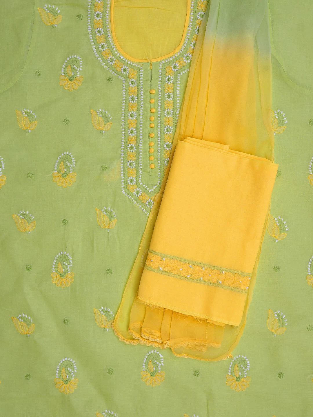 Ada Hand Embroidered Lime Green Cotton Lucknowi Chikankari Unstitched Suit Piece 01A818961