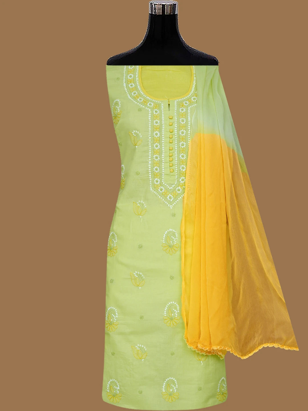 Ada Hand Embroidered Lime Green Cotton Lucknowi Chikankari Unstitched Suit Piece 01A818961