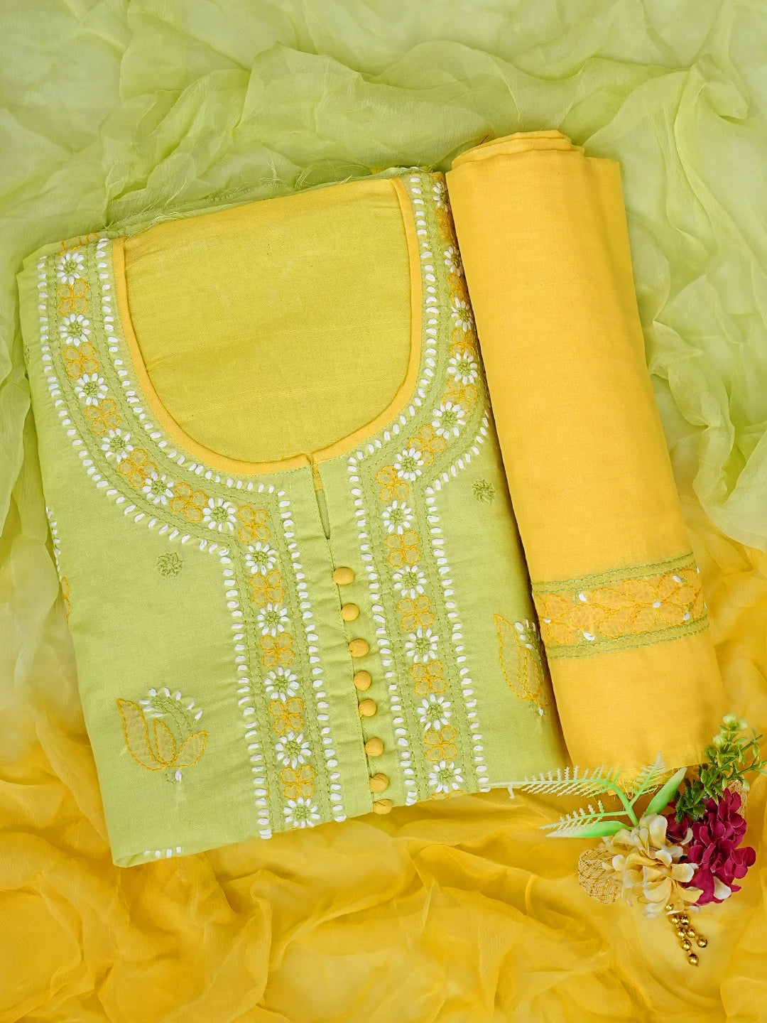 Ada Hand Embroidered Lime Green Cotton Lucknowi Chikankari Unstitched Suit Piece 01A818961