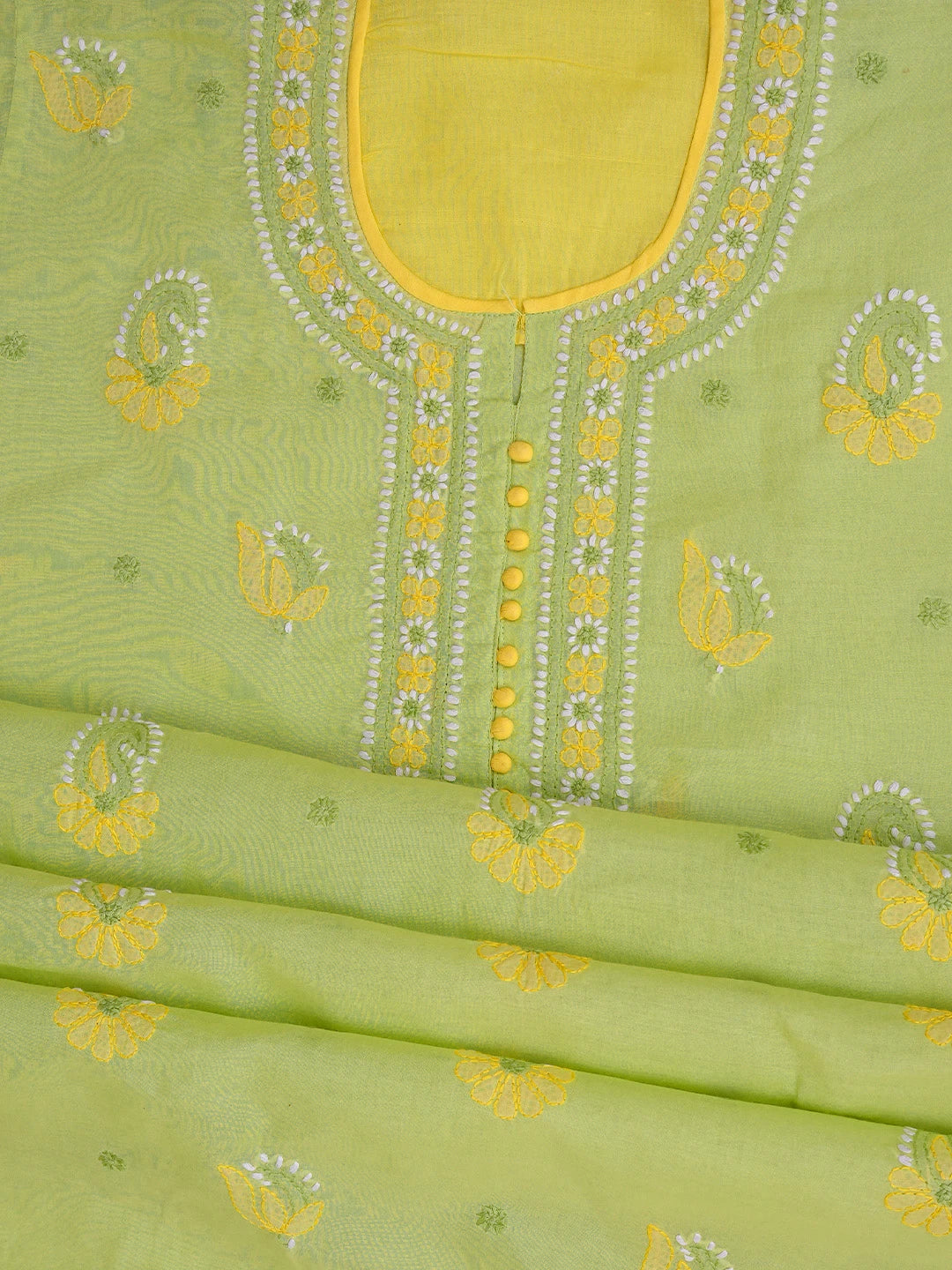 Ada Hand Embroidered Lime Green Cotton Lucknowi Chikankari Unstitched Suit Piece 01A818961