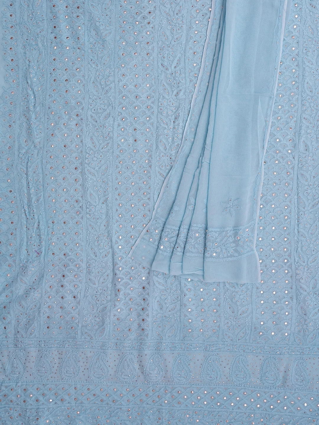 Ada Hand Embroidered Carolina Blue Viscose Georgette Lucknowi Chikankari Unstitched Kurta Dupatta Set With Mukaish Work 01A815274