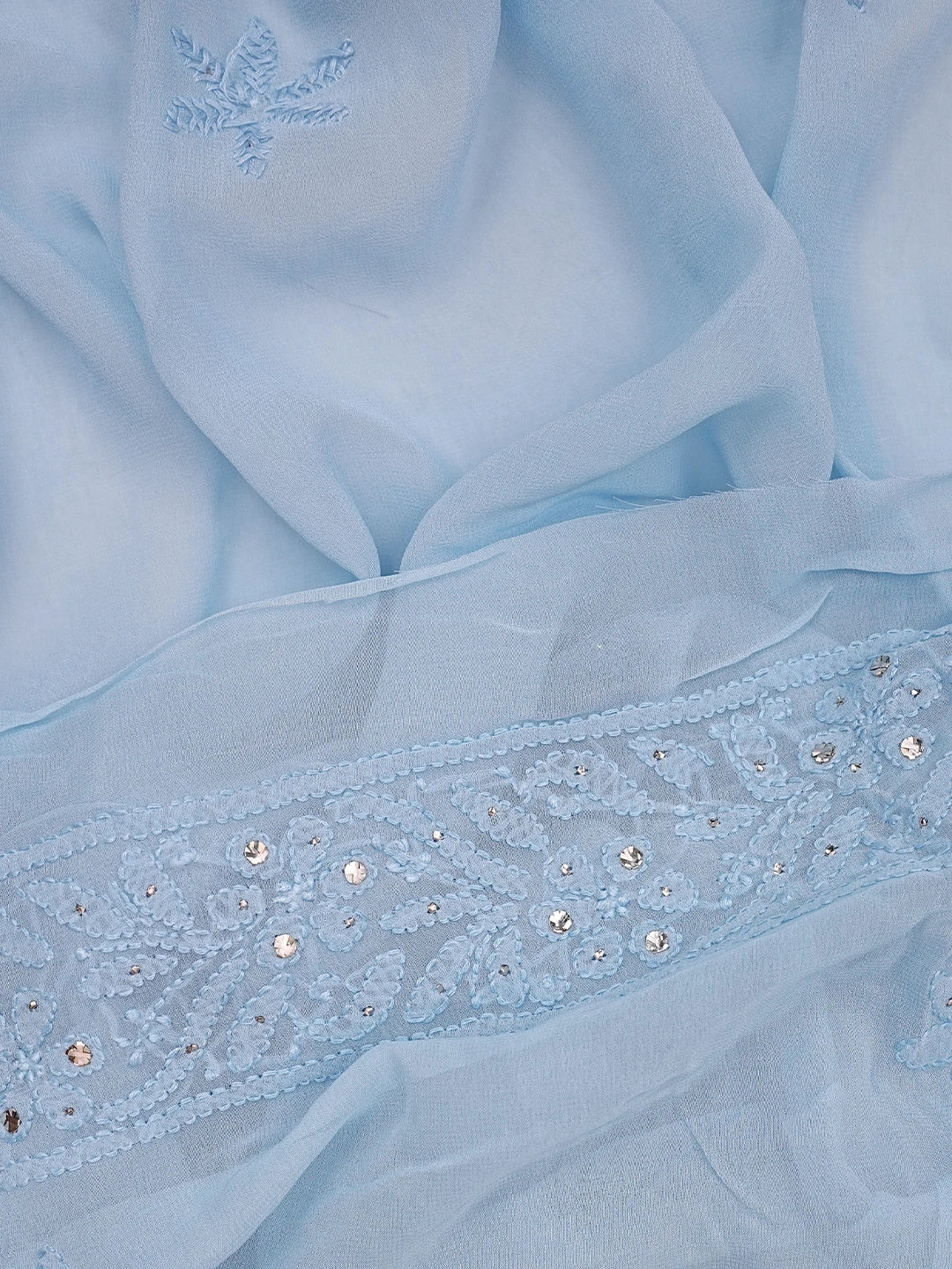 Ada Hand Embroidered Carolina Blue Viscose Georgette Lucknowi Chikankari Unstitched Kurta Dupatta Set With Mukaish Work 01A815274