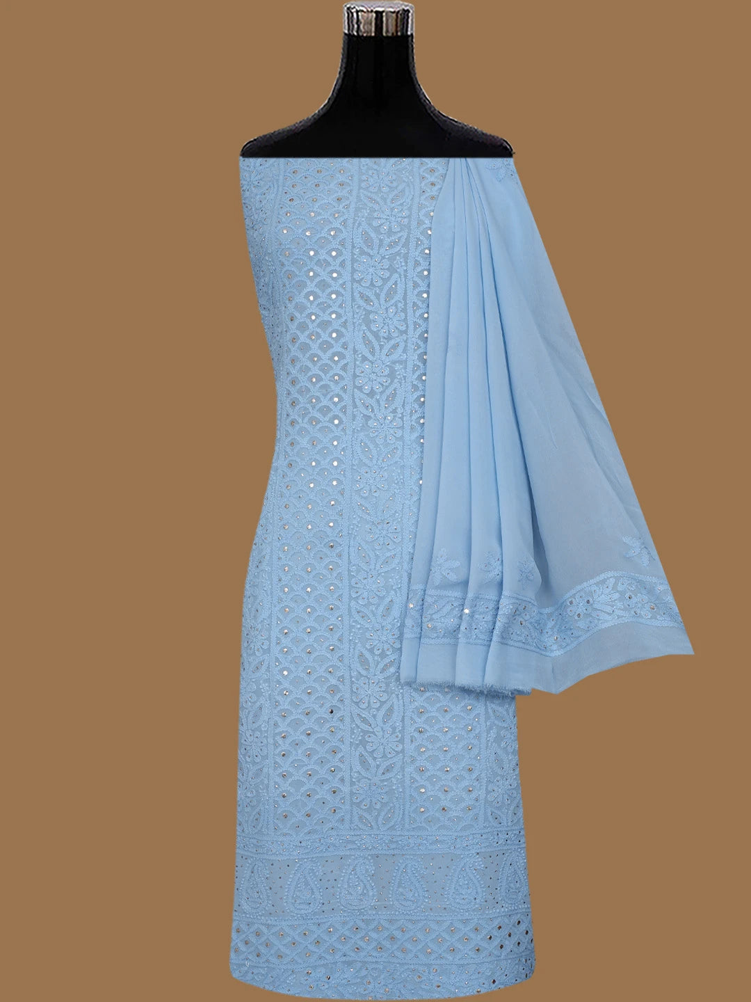 Ada Hand Embroidered Carolina Blue Viscose Georgette Lucknowi Chikankari Unstitched Kurta Dupatta Set With Mukaish Work 01A815274