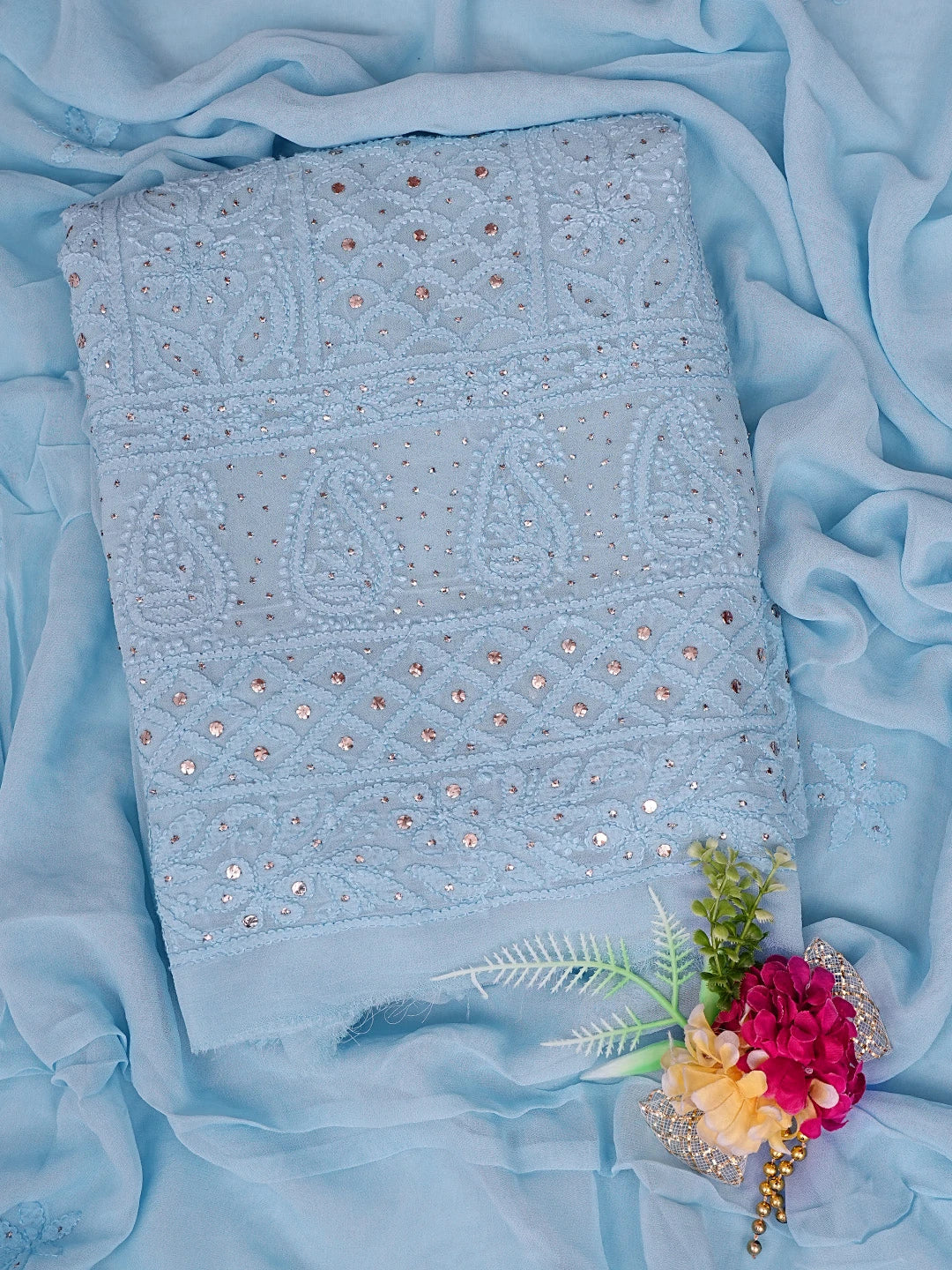 Ada Hand Embroidered Carolina Blue Viscose Georgette Lucknowi Chikankari Unstitched Kurta Dupatta Set With Mukaish Work 01A815274