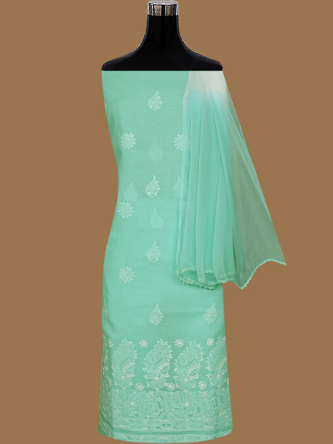 Ada Hand Embroidered Sea Green Cotton Lucknowi Chikankari Unstitched Suit Piece 01A819074