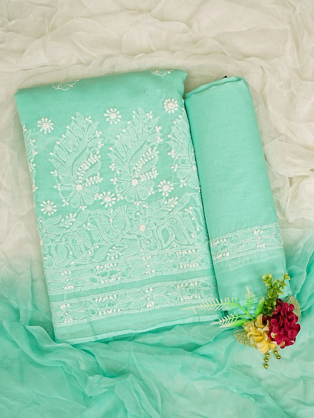Ada Hand Embroidered Sea Green Cotton Lucknowi Chikankari Unstitched Suit Piece 01A819074