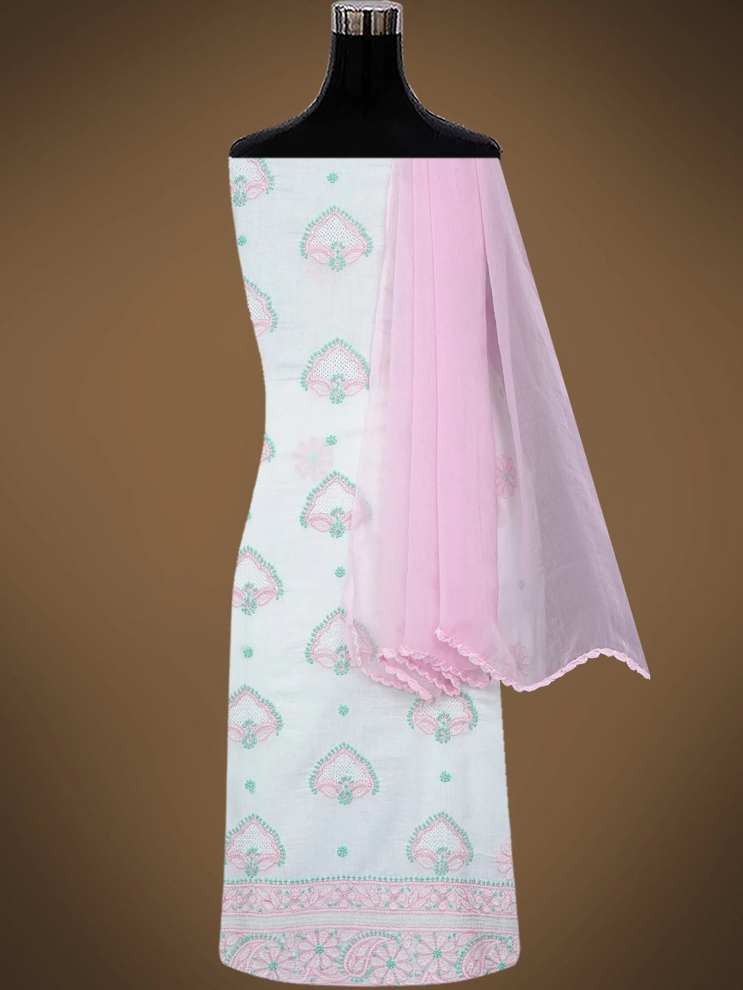 Ada Hand Embroidered White Cotton Lucknowi Chikankari Unstitched Suit Piece With Cutdana Work 08A500470