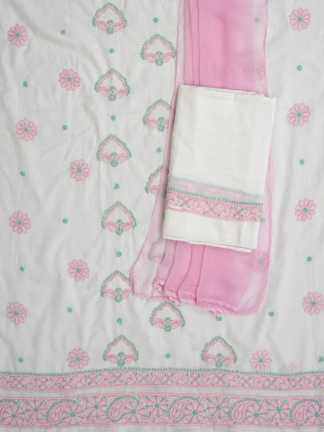 Ada Hand Embroidered White Cotton Lucknowi Chikankari Unstitched Suit Piece With Cutdana Work 08A500470