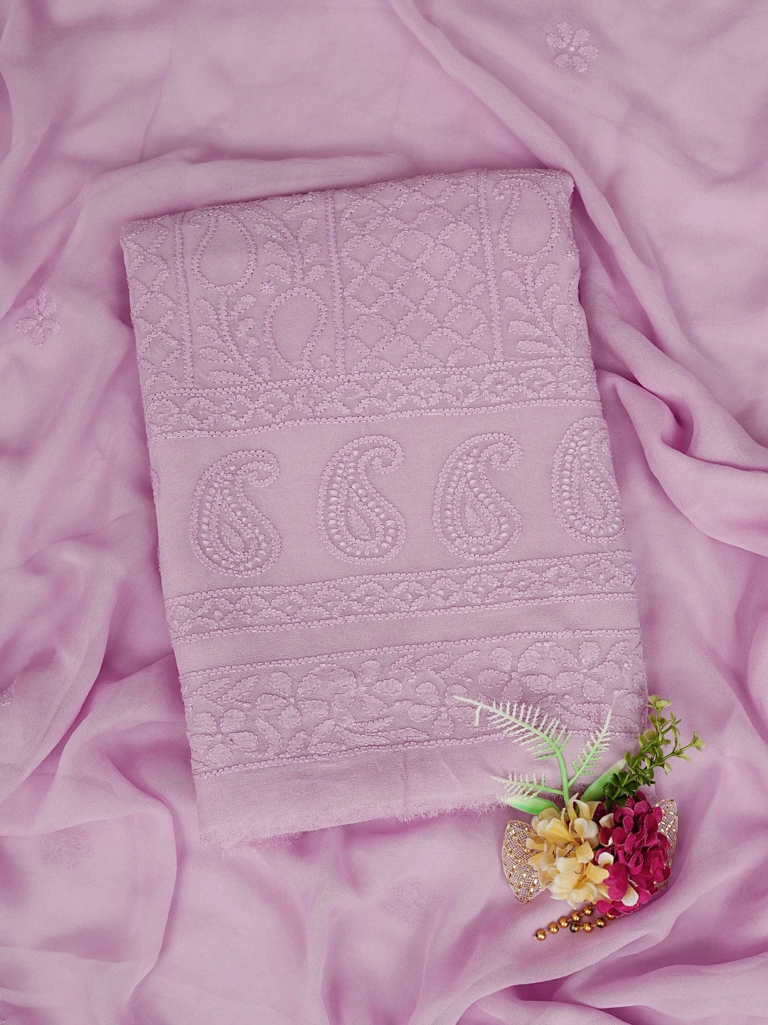 Ada Hand Embroidered Lilac Purple Viscose Georgette Lucknowi Chikankari Unstitched Kurta Dupatta Set 01A811756