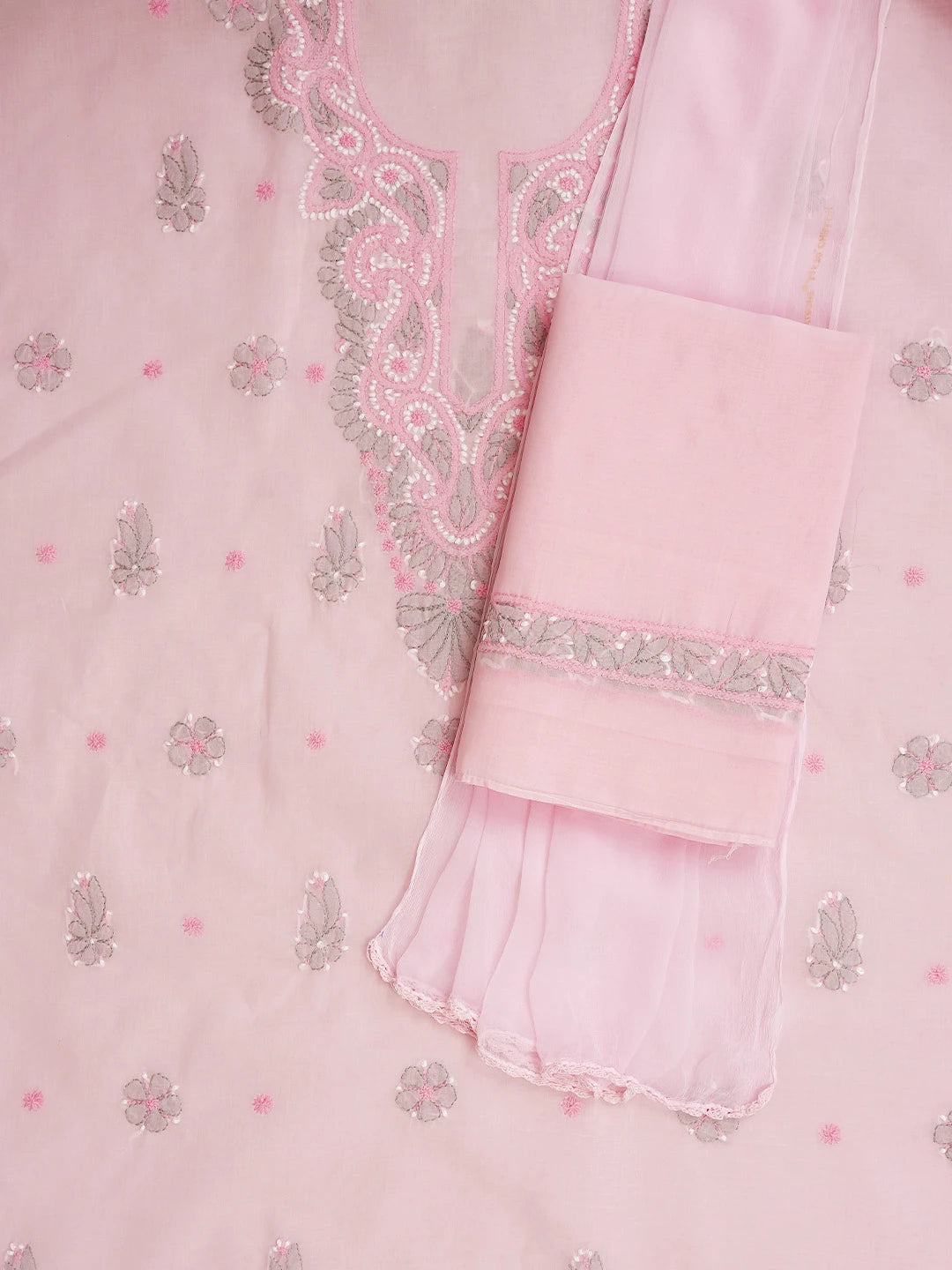 Ada Hand Embroidered Pink Cotton Lucknowi Chikankari Unstitched Suit Piece 08A500536