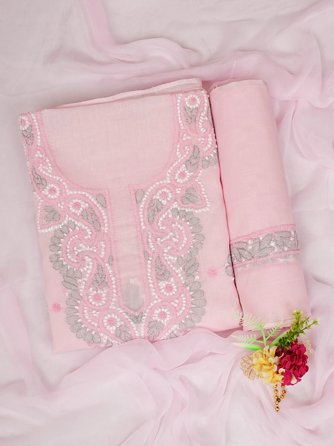 Ada Hand Embroidered Pink Cotton Lucknowi Chikankari Unstitched Suit Piece 08A500536