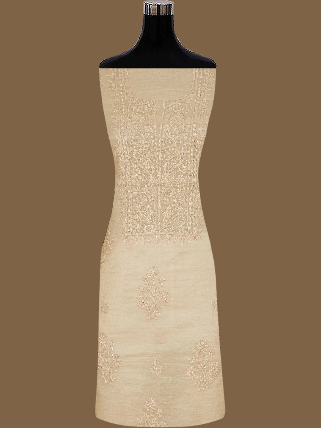 Ada Hand Embroidered Light Brown Chanderi Lucknowi Chikankari Unstitched Kurta Dupatta Set 01A811005