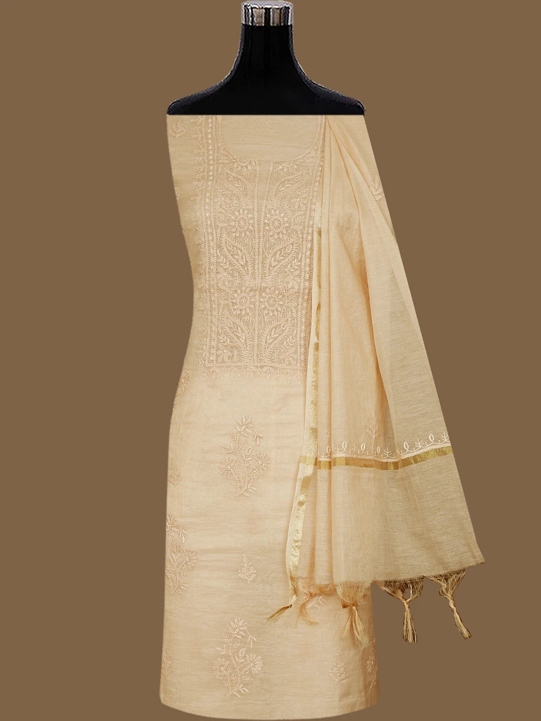 Ada Hand Embroidered Light Brown Chanderi Lucknowi Chikankari Unstitched Kurta Dupatta Set 01A811005