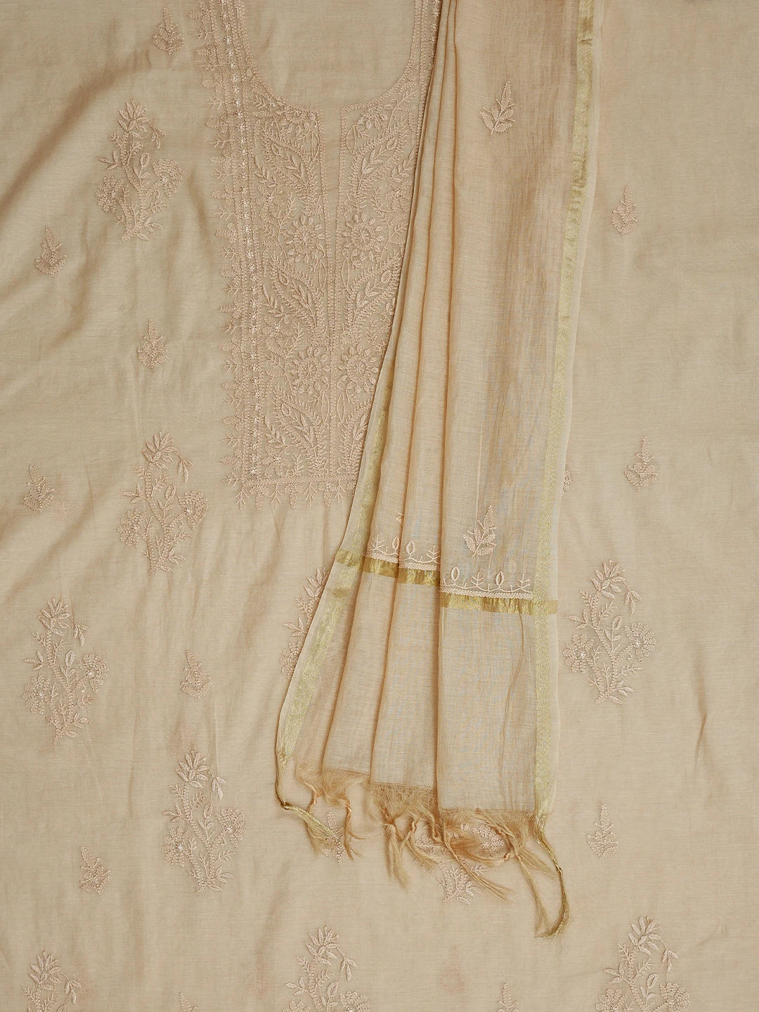 Ada Hand Embroidered Light Brown Chanderi Lucknowi Chikankari Unstitched Kurta Dupatta Set 01A811005