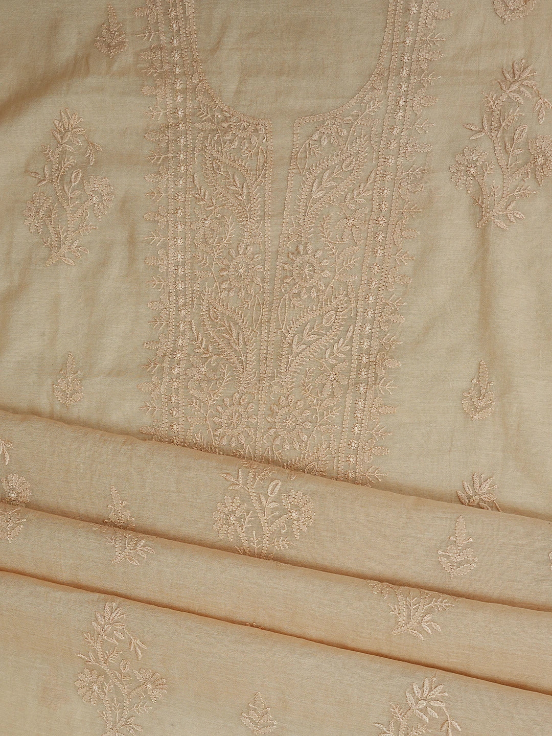 Ada Hand Embroidered Light Brown Chanderi Lucknowi Chikankari Unstitched Kurta Dupatta Set 01A811005