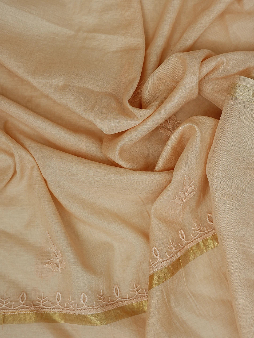 Ada Hand Embroidered Light Brown Chanderi Lucknowi Chikankari Unstitched Kurta Dupatta Set 01A811005