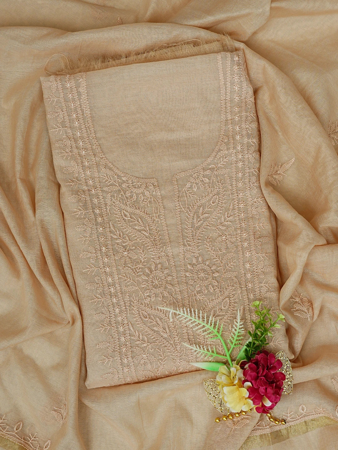 Ada Hand Embroidered Light Brown Chanderi Lucknowi Chikankari Unstitched Kurta Dupatta Set 01A811005