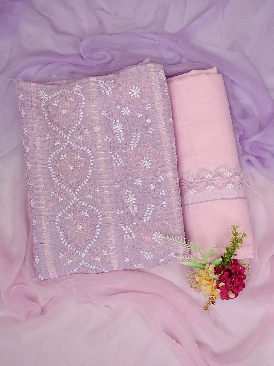 Ada Hand Embroidered Mauve Cotton Lucknowi Chikankari Unstitched Suit Piece 01A821855