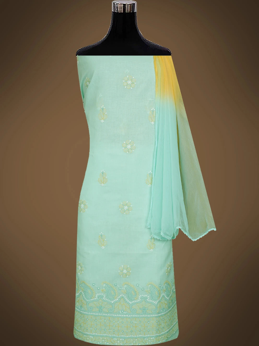Ada Hand Embroidered Sea Green Cotton Lucknowi Chikankari Unstitched Suit Piece 01A819234