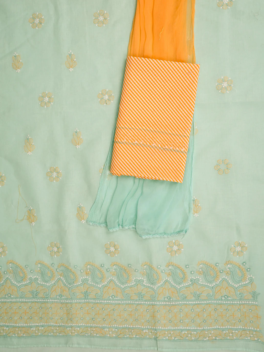 Ada Hand Embroidered Sea Green Cotton Lucknowi Chikankari Unstitched Suit Piece 01A819234