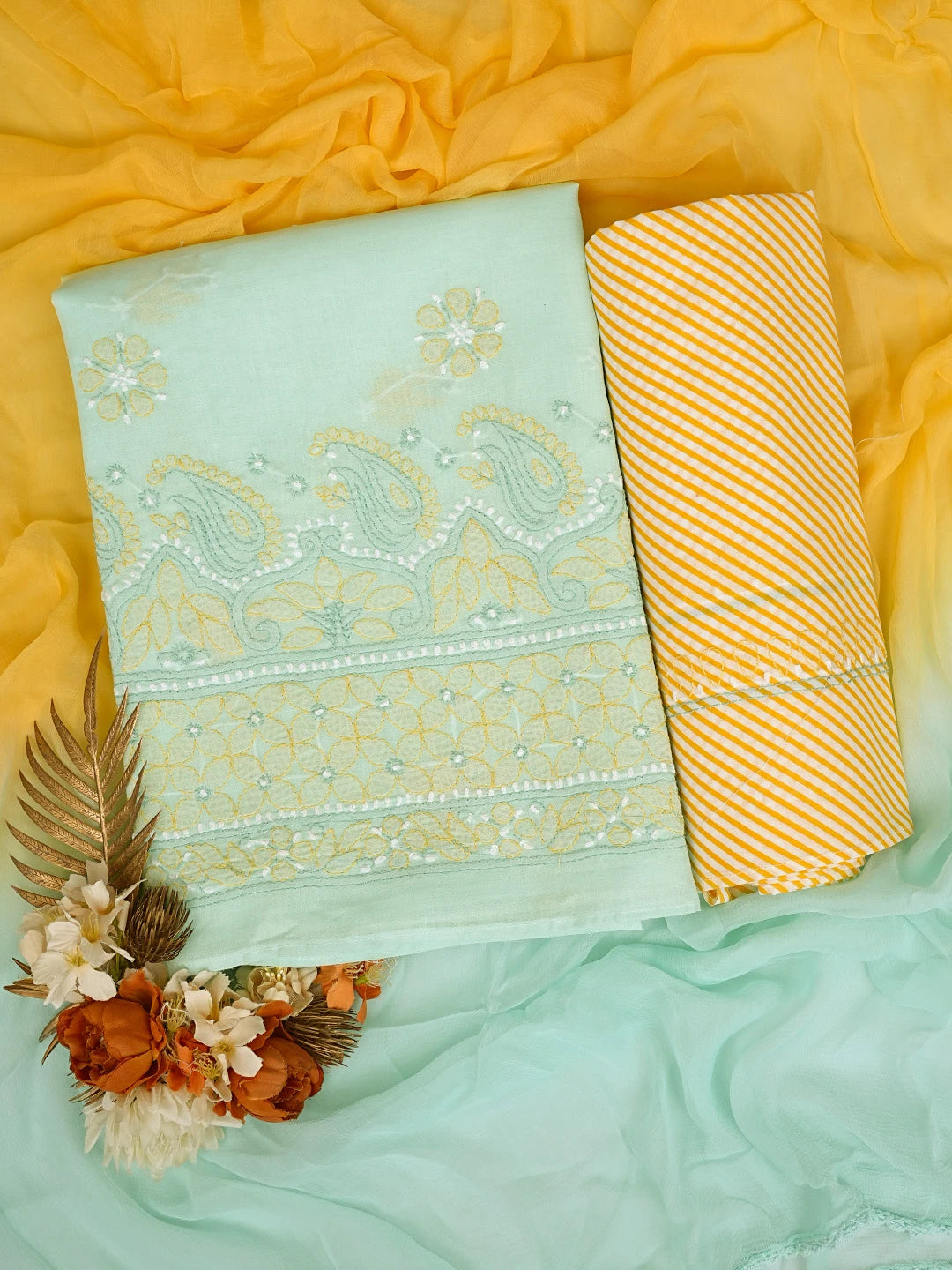 Ada Hand Embroidered Sea Green Cotton Lucknowi Chikankari Unstitched Suit Piece 01A819234