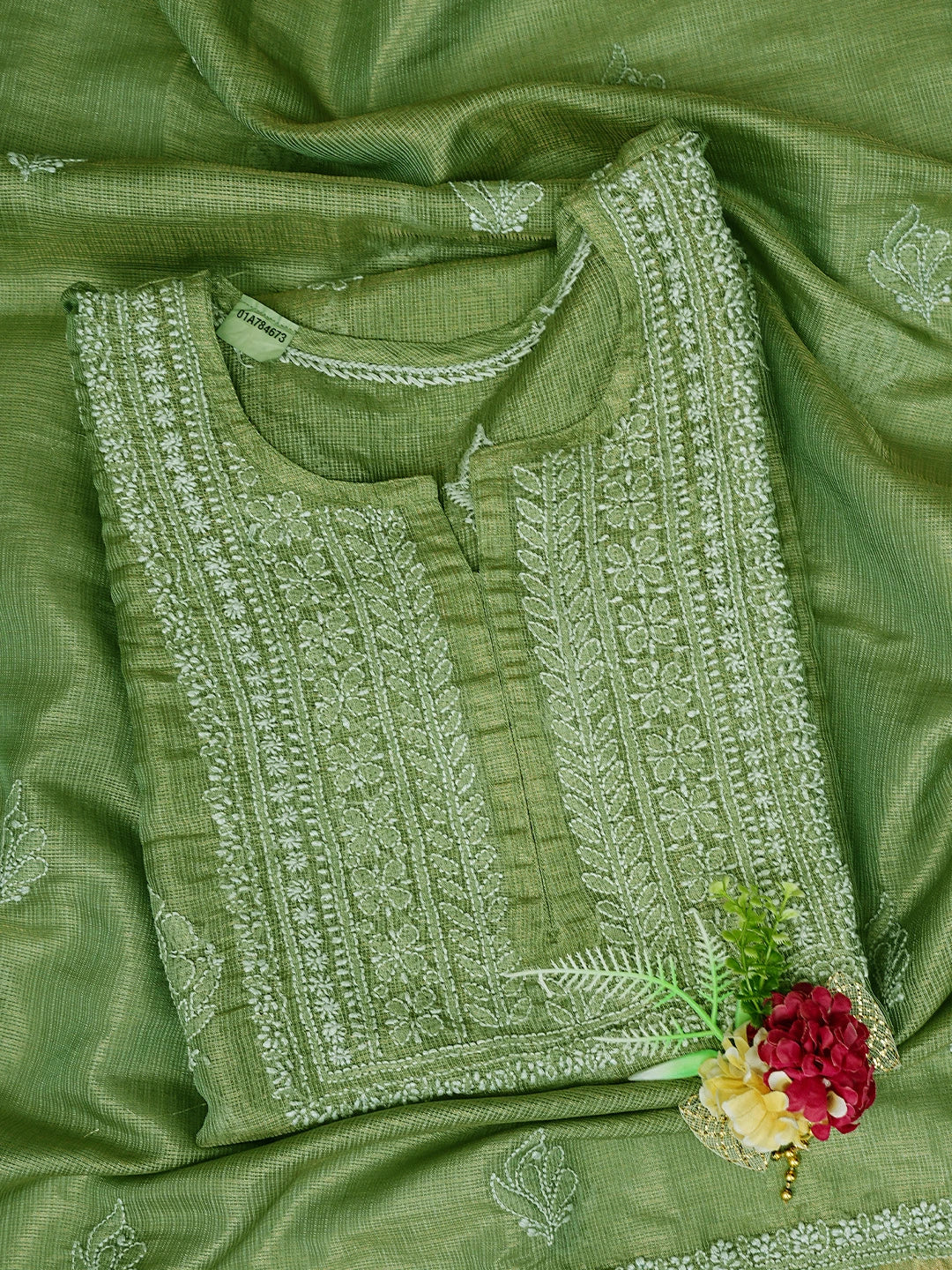 Ada Hand Embroidered Green Tissue Lucknowi Chikankari Unstitched Kurta Dupatta Set 01A784673