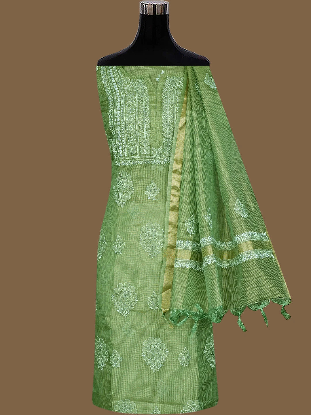 Ada Hand Embroidered Green Tissue Lucknowi Chikankari Unstitched Kurta Dupatta Set 01A784673