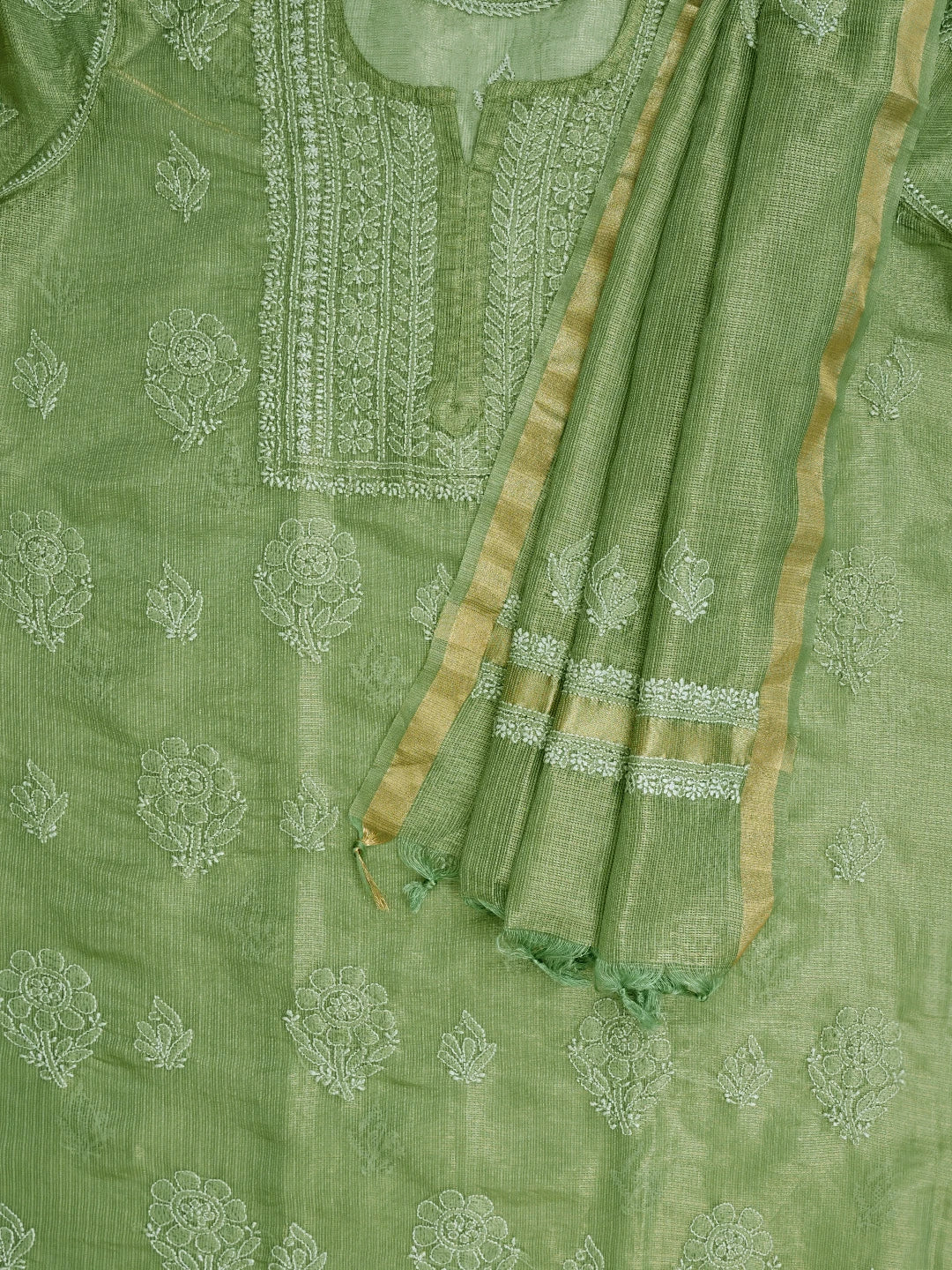 Ada Hand Embroidered Green Tissue Lucknowi Chikankari Unstitched Kurta Dupatta Set 01A784673