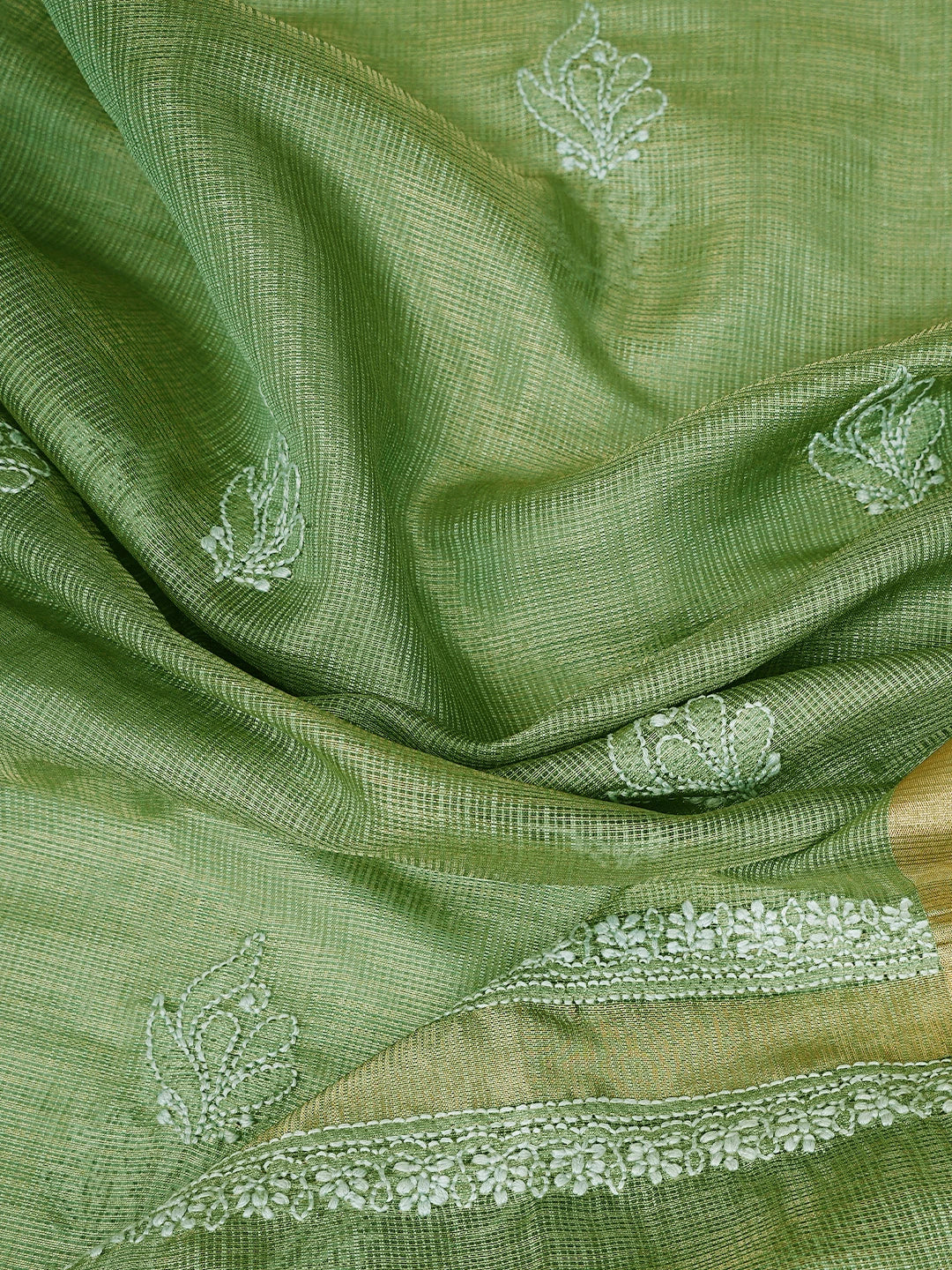 Ada Hand Embroidered Green Tissue Lucknowi Chikankari Unstitched Kurta Dupatta Set 01A784673
