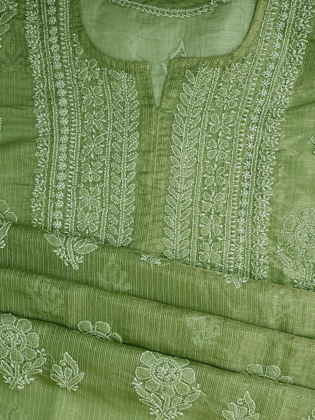 Ada Hand Embroidered Green Tissue Lucknowi Chikankari Unstitched Kurta Dupatta Set 01A784673
