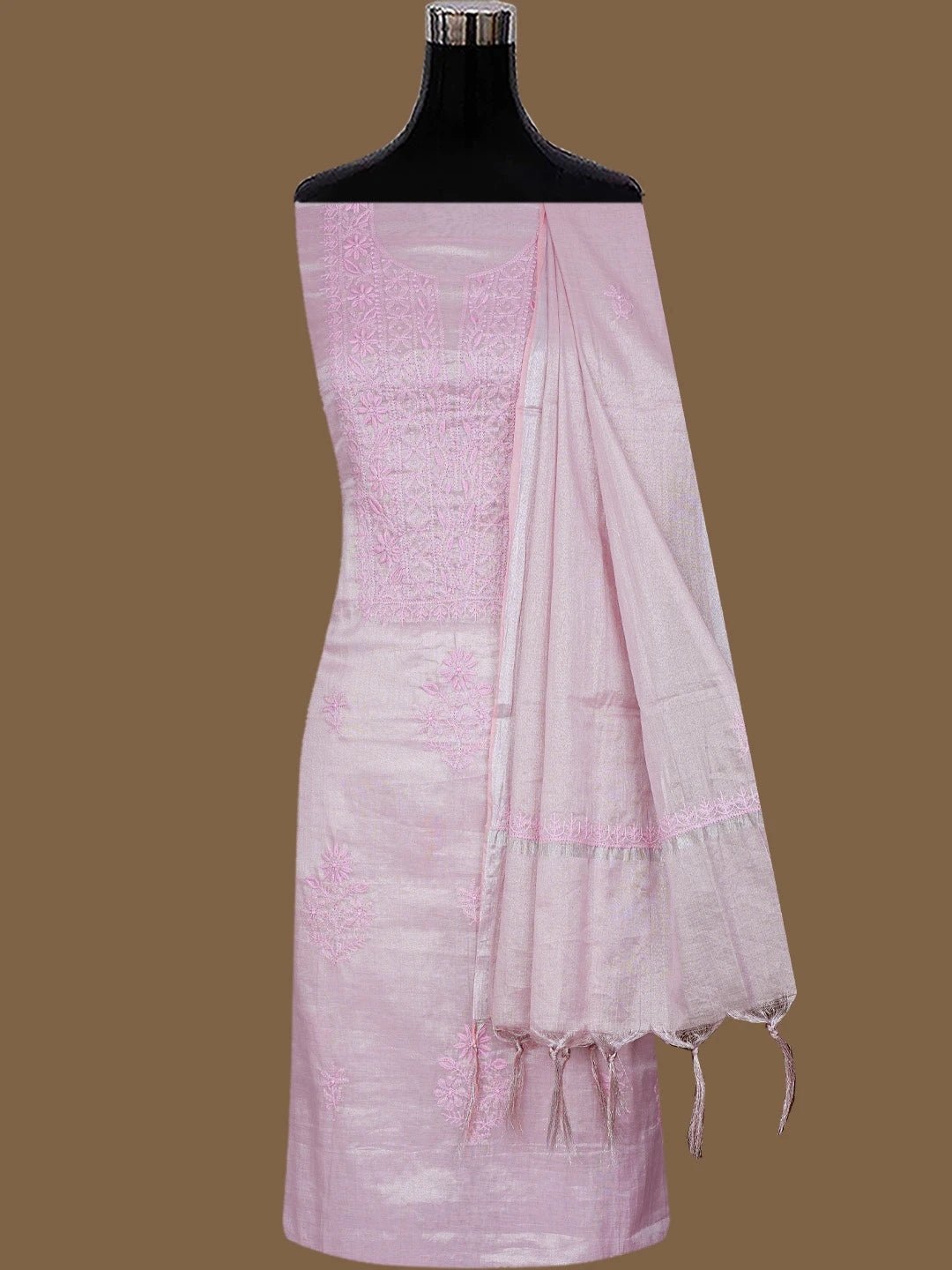 Ada Hand Embroidered Pink Tissue Lucknowi Chikankari Unstitched Kurta Dupatta Set 01A793995
