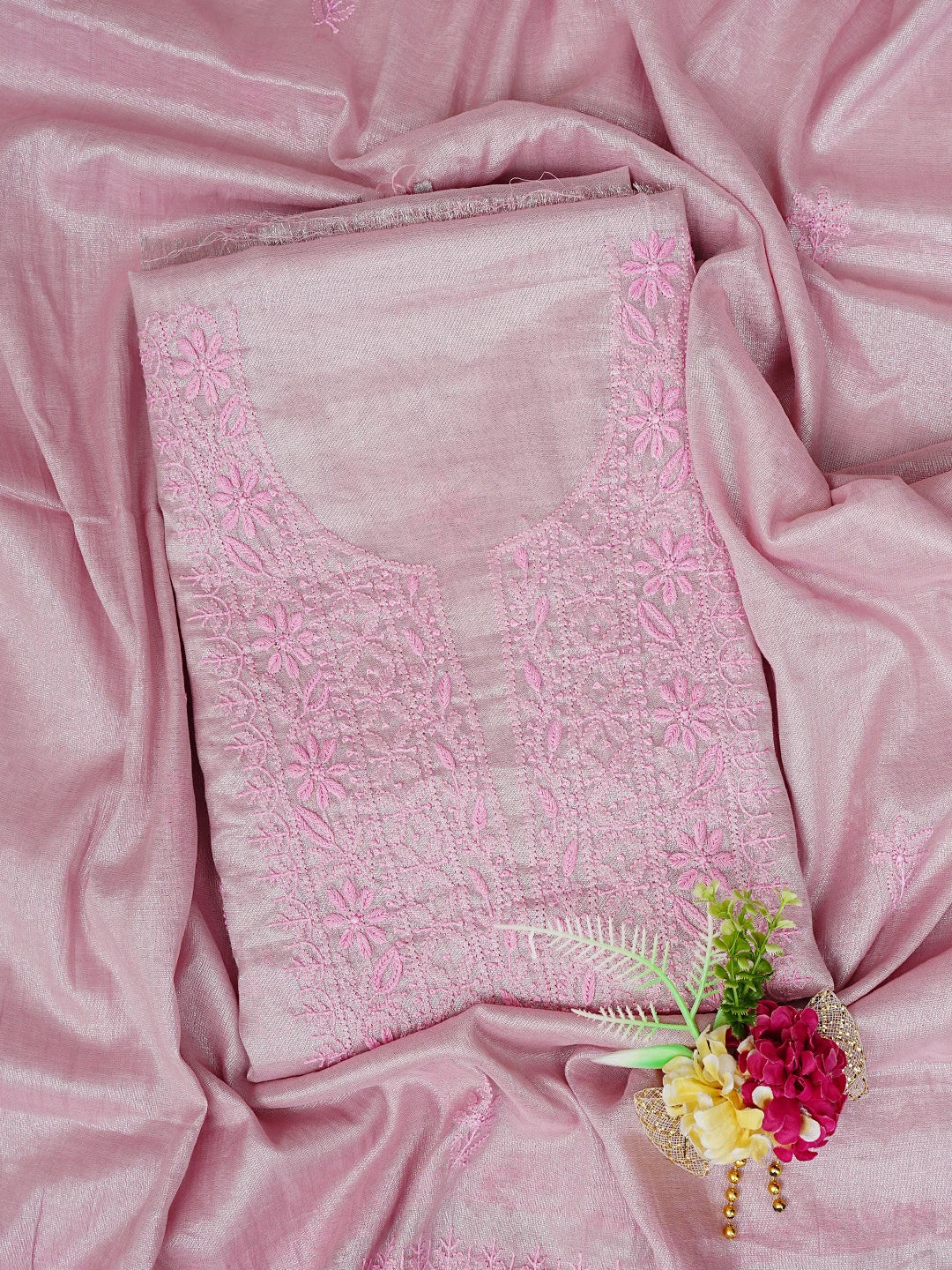 Ada Hand Embroidered Pink Tissue Lucknowi Chikankari Unstitched Kurta Dupatta Set 01A793995