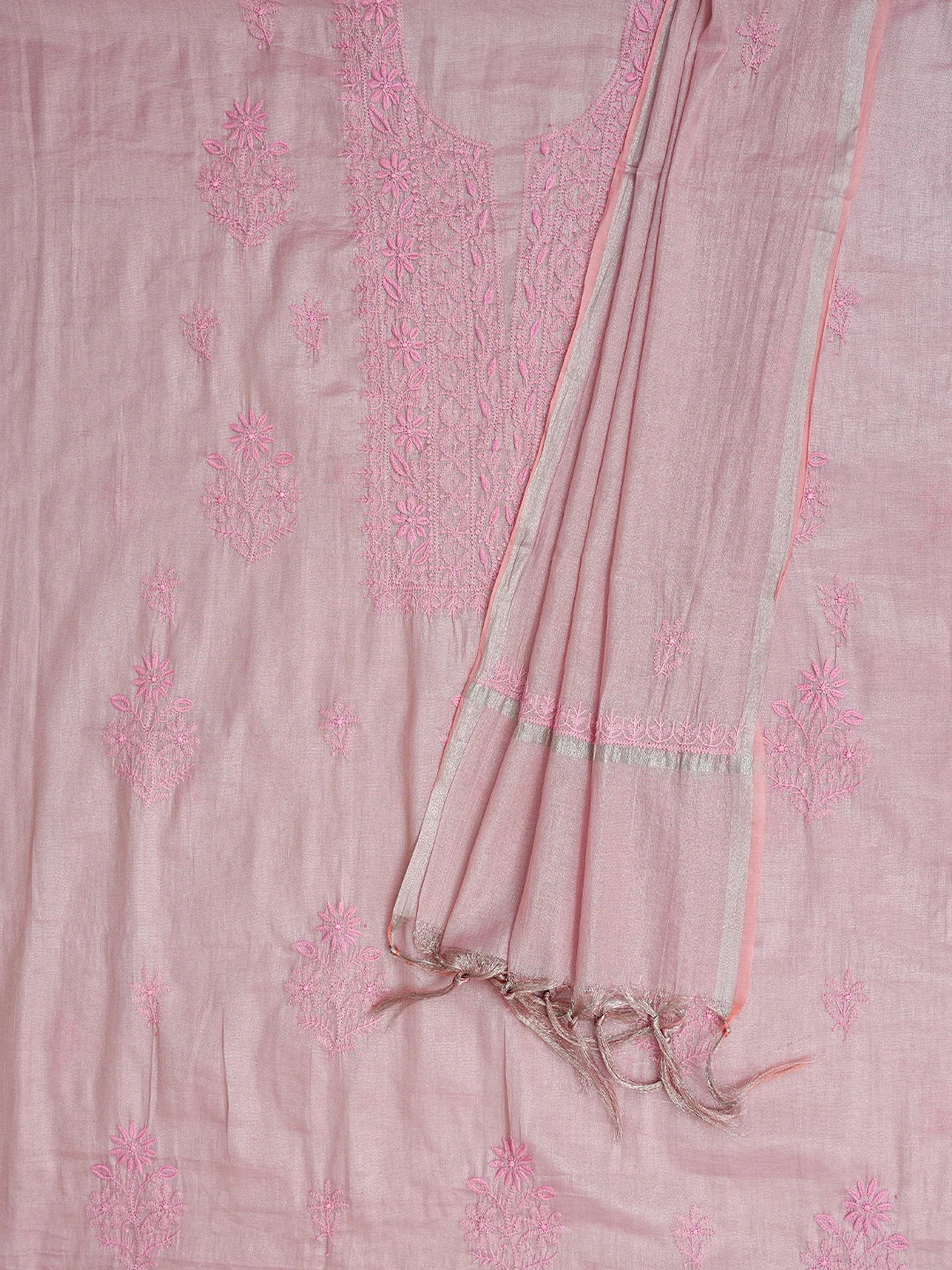 Ada Hand Embroidered Pink Tissue Lucknowi Chikankari Unstitched Kurta Dupatta Set 01A793995
