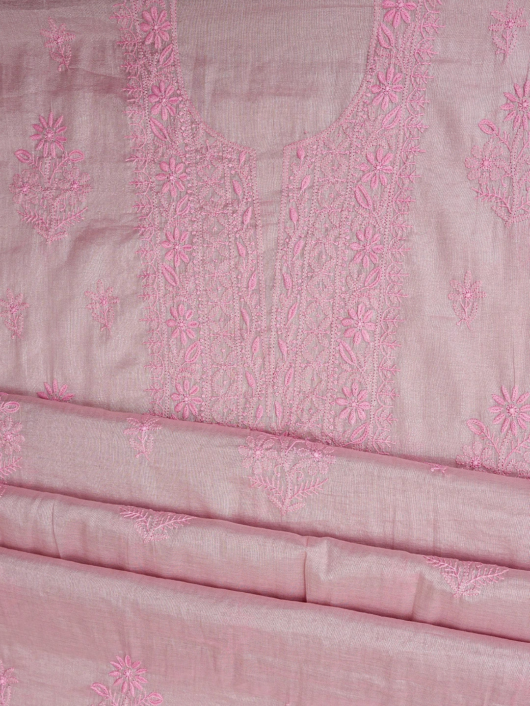 Ada Hand Embroidered Pink Tissue Lucknowi Chikankari Unstitched Kurta Dupatta Set 01A793995