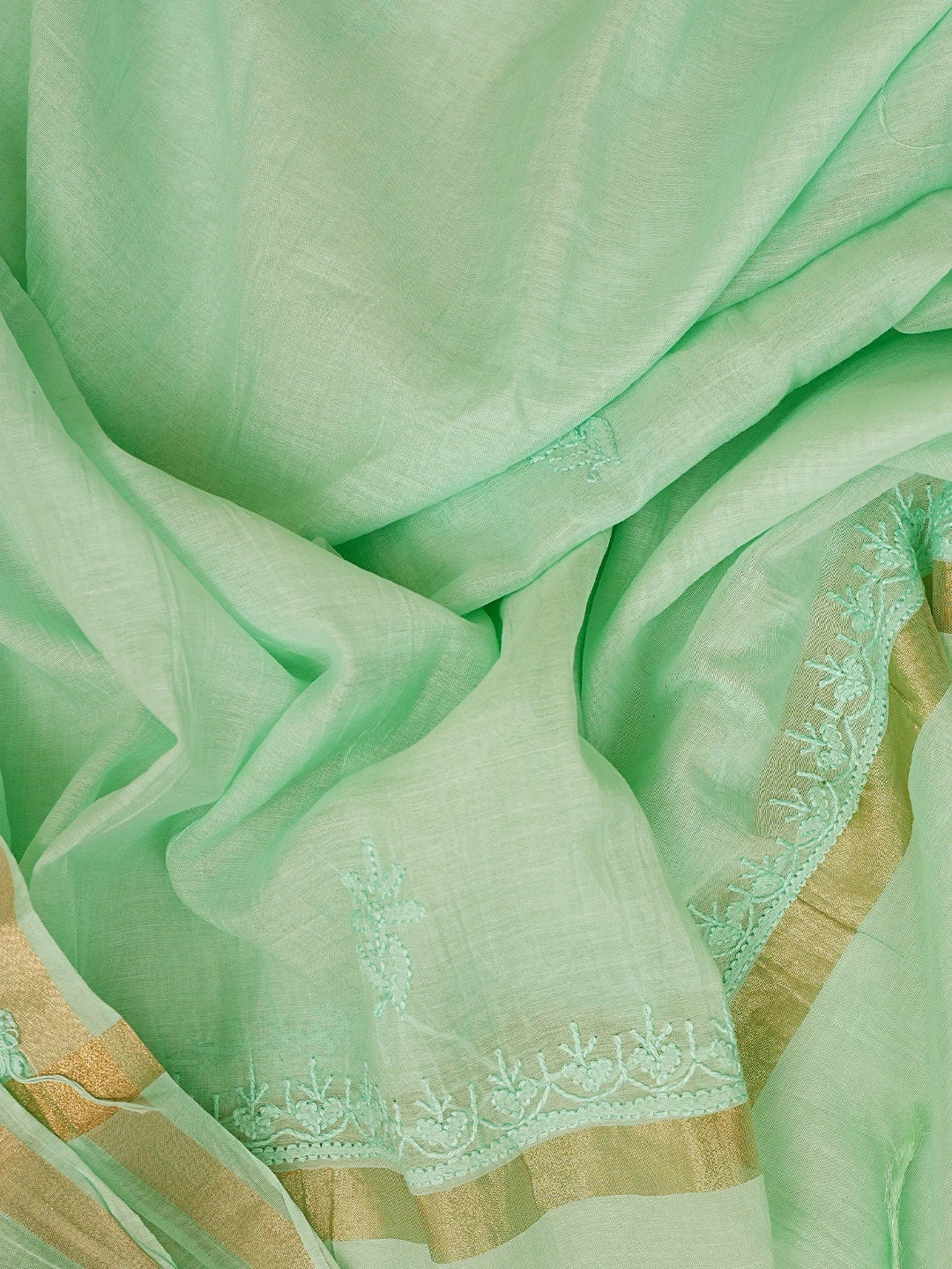 Ada Hand Embroidered Sea Green Chanderi Lucknowi Chikankari Unstitched Kurta Dupatta Set 01A811008