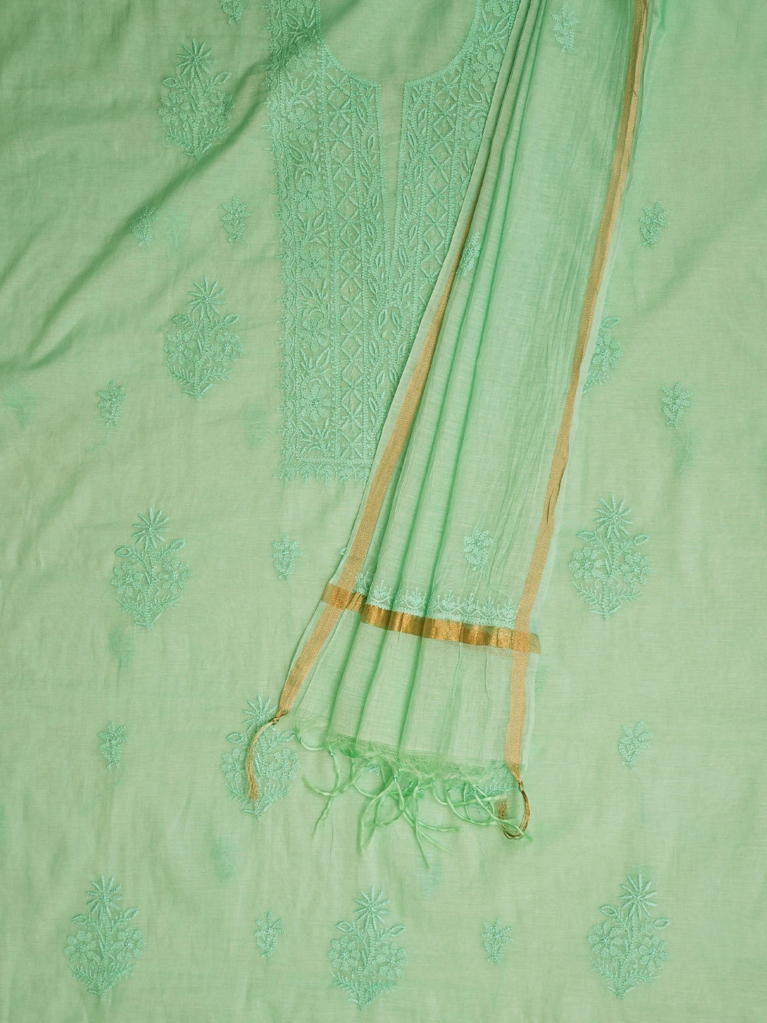Ada Hand Embroidered Sea Green Chanderi Lucknowi Chikankari Unstitched Kurta Dupatta Set 01A811008