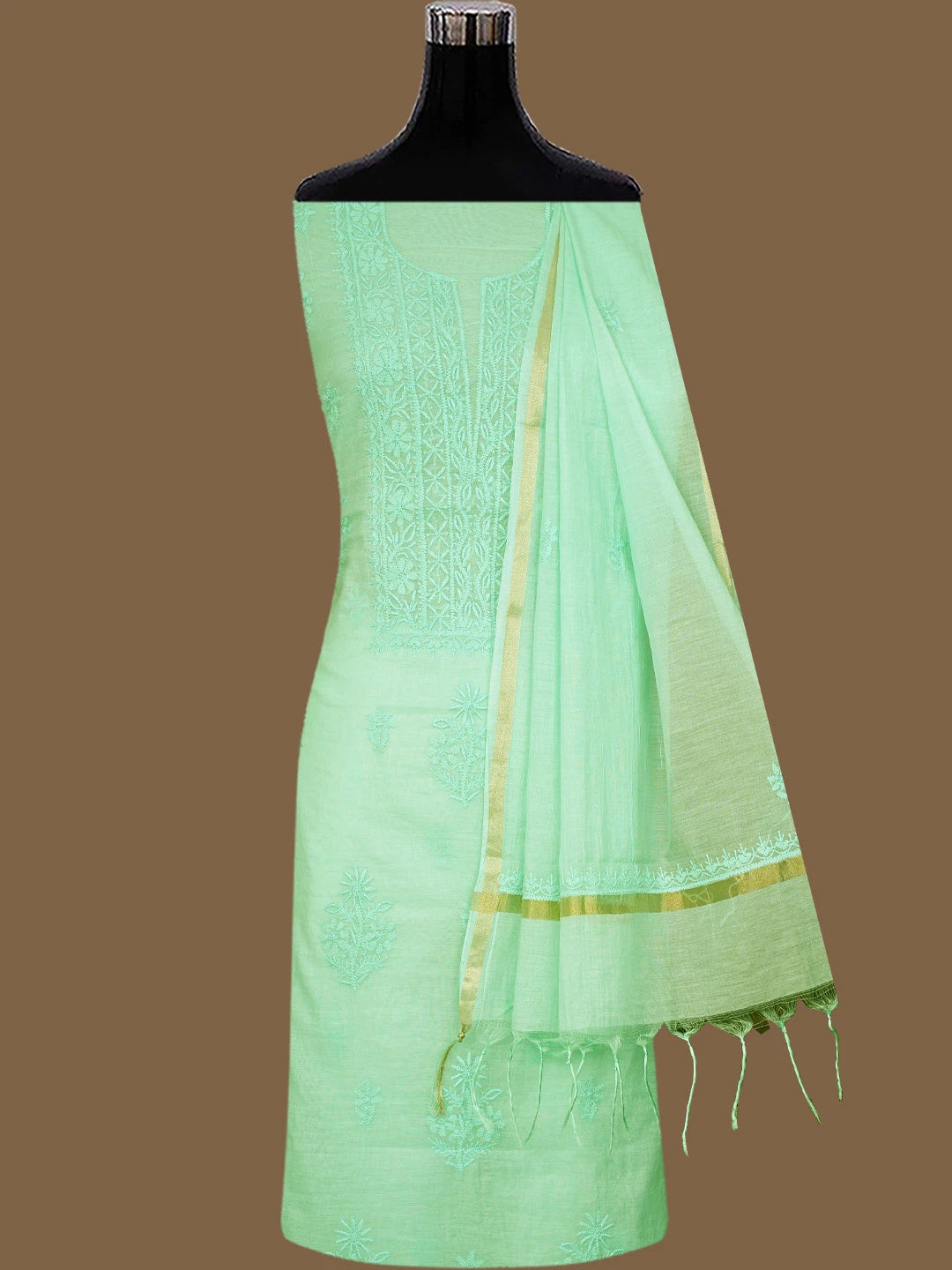 Ada Hand Embroidered Sea Green Chanderi Lucknowi Chikankari Unstitched Kurta Dupatta Set 01A811008