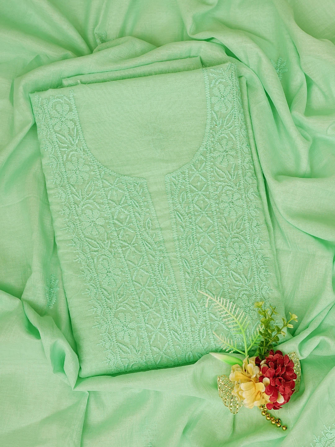 Ada Hand Embroidered Sea Green Chanderi Lucknowi Chikankari Unstitched Kurta Dupatta Set 01A811008