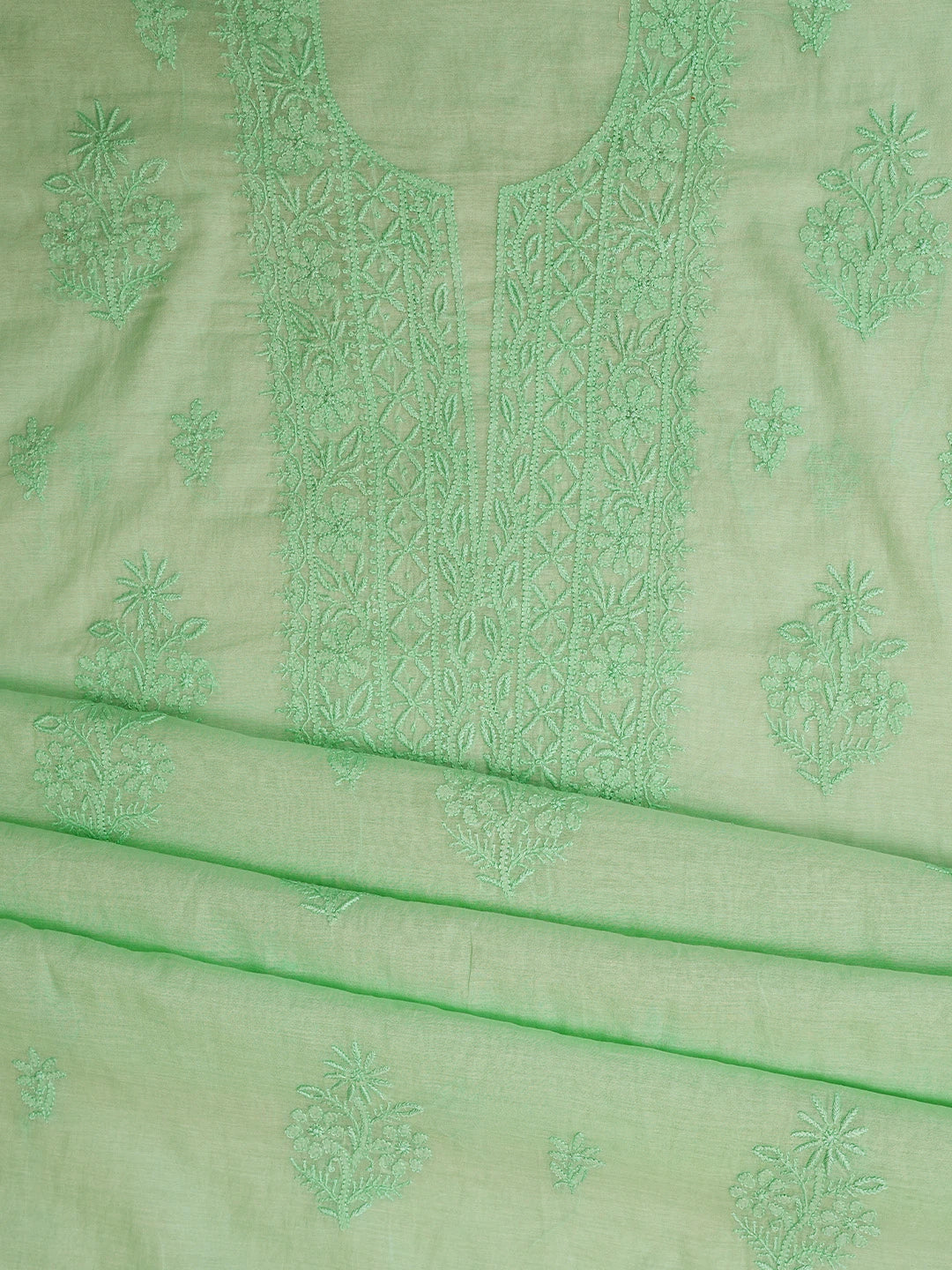 Ada Hand Embroidered Sea Green Chanderi Lucknowi Chikankari Unstitched Kurta Dupatta Set 01A811008